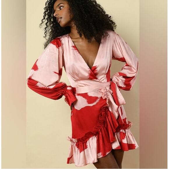 HUTCH Red Pink Satin Ruffle Wrap Dress Size M Long Sleeve Cocktail Party - Picture 1 of 11